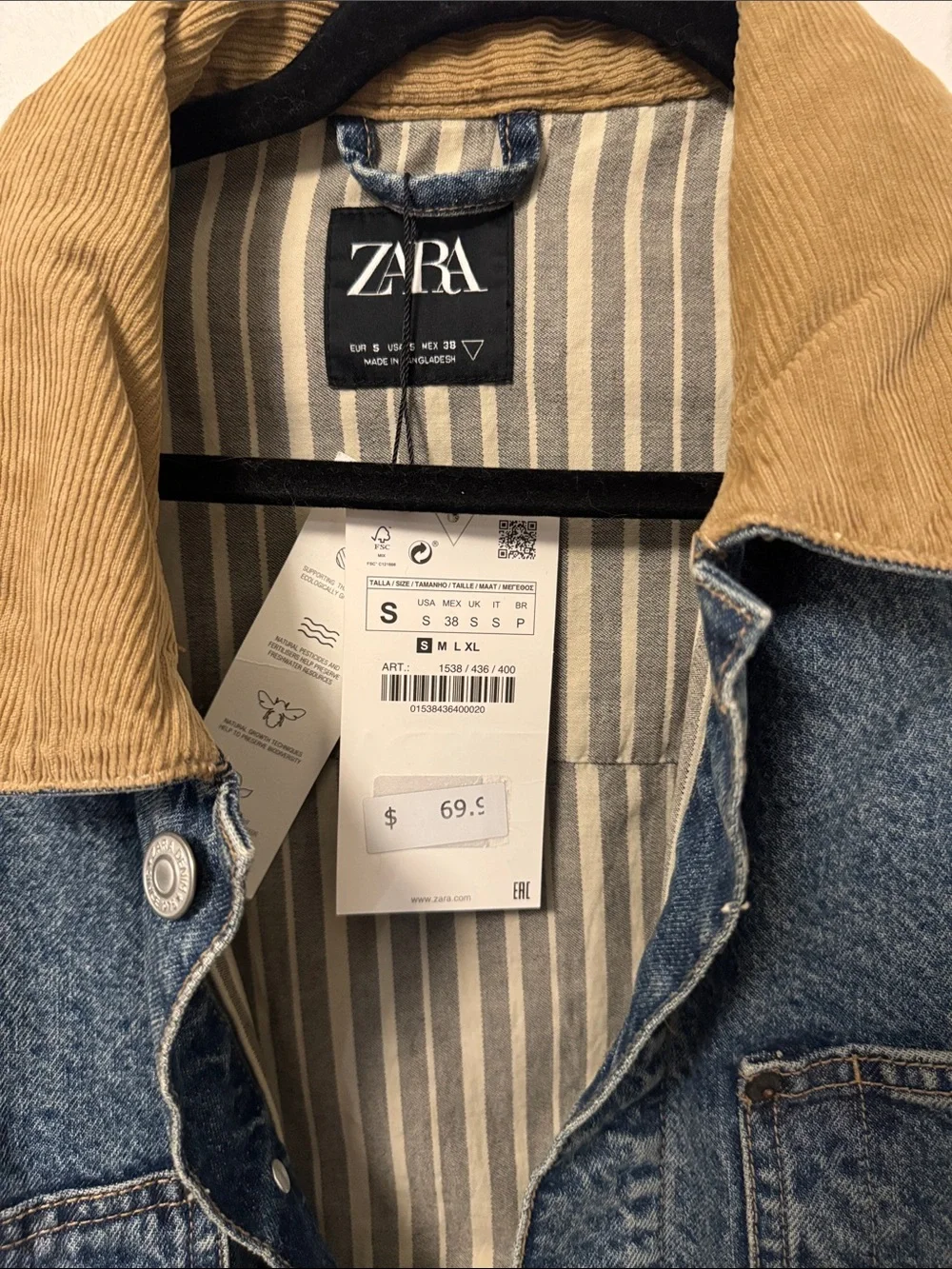 NWT ZARA Blue Denim Jacket with Tan Corduroy Collar Small